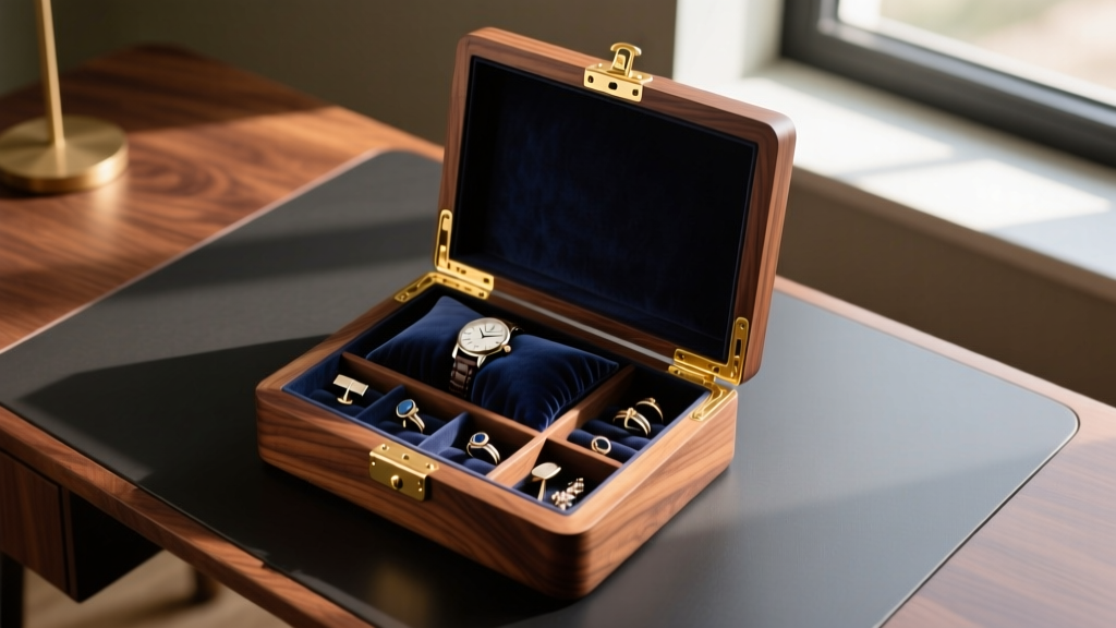 Top-down view of an open walnut mens wood jewelry box featuring brass hinges, a watch pillow, and compartments for cufflinks on a dark desk