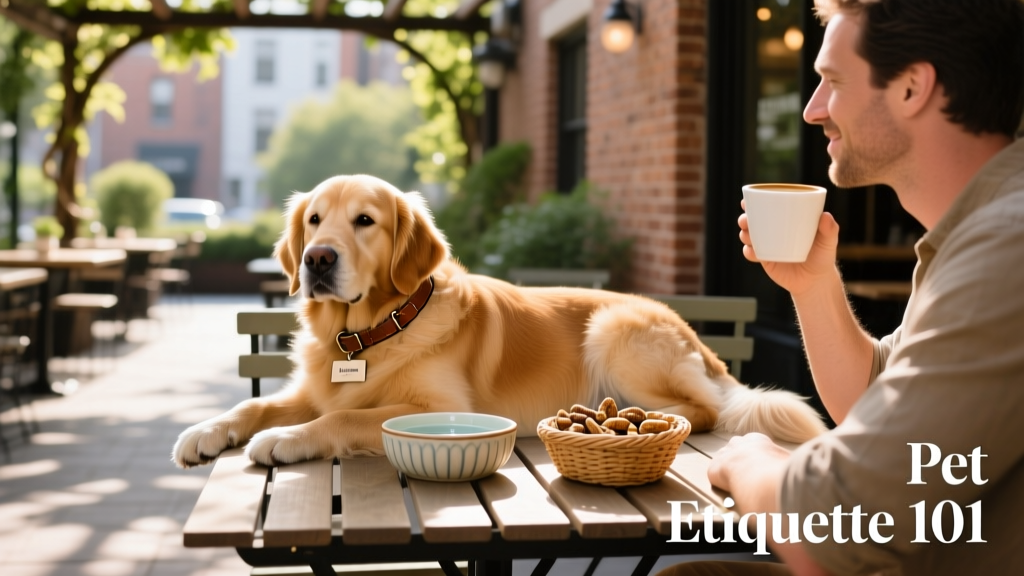 A relaxed dog resting comfortably beside its owner at an outdoor restaurant table with water bowl and treat