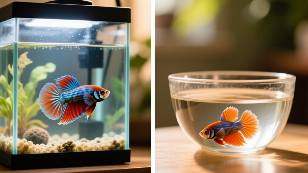 Side-by-side comparison of a healthy betta in a 5-gallon filtered tank versus a cramped bowl