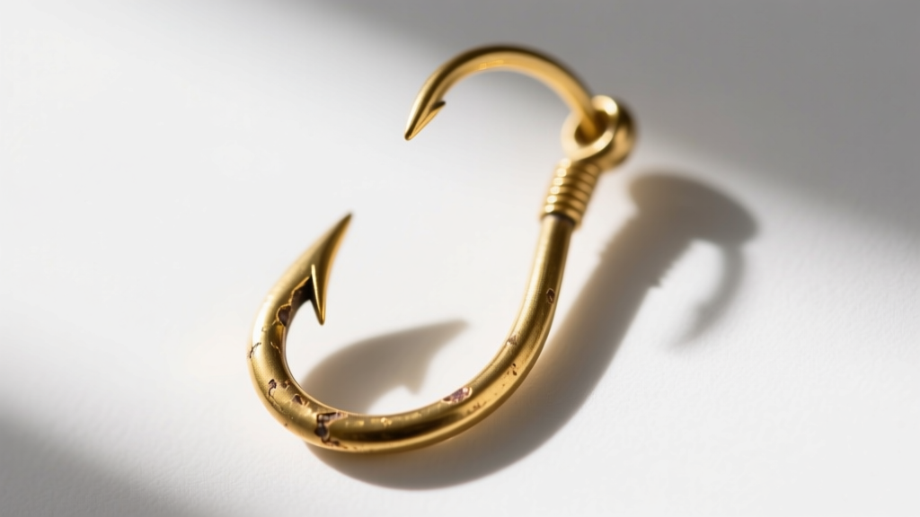 Macro shot of a 20-gauge gold-plated brass fishhook earring wire revealing slight wear and exposed base metal at the bottom loop