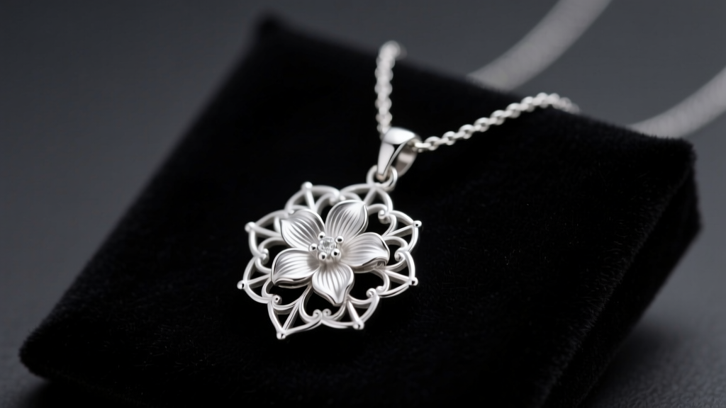 Close-up of a sterling silver Aerith floral pendant necklace resting on dark velvet display pad under soft studio lighting.