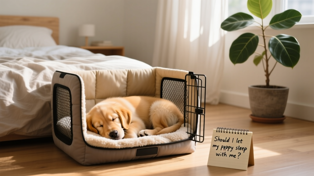 A puppy sleeping comfortably in a well-padded crate placed beside a human bed