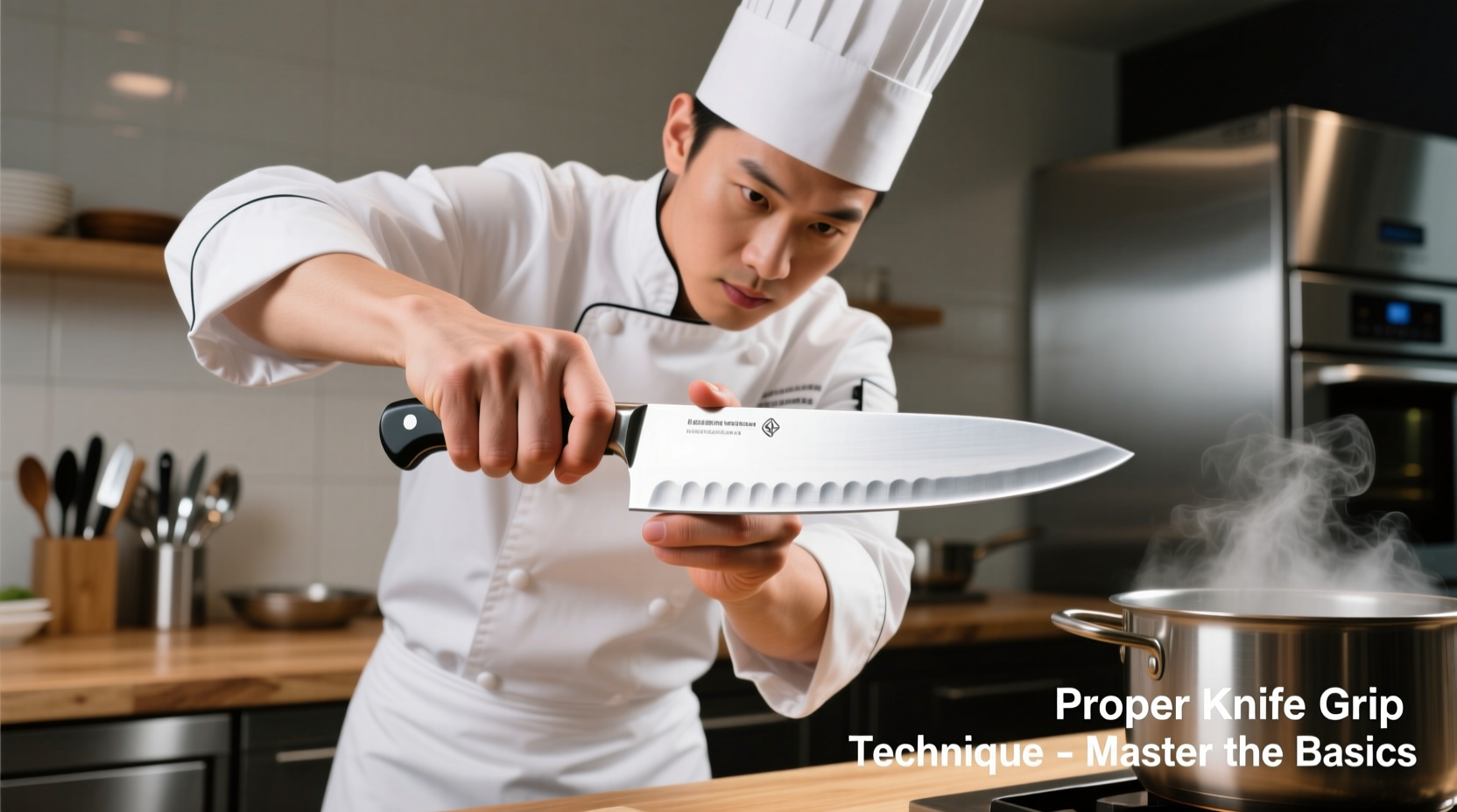 Chef demonstrating proper knife grip technique