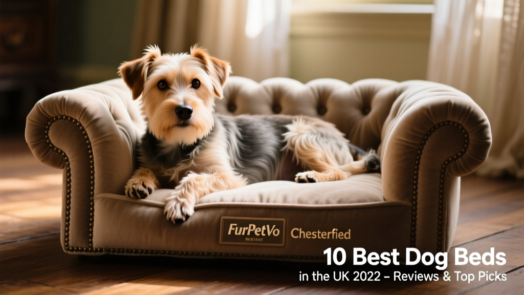 Close-up of the FurPetVo Chesterfield Pet Bed showing tufted detailing, rolled arms, and a relaxed terrier resting against the bolster
