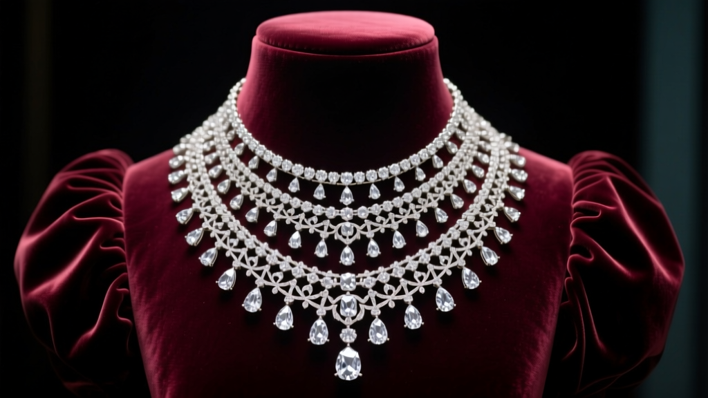 Opulent multi-tiered diamond necklace inspired by Marie Antoinette, draped on a dark velvet bust in soft, dramatic museum lighting