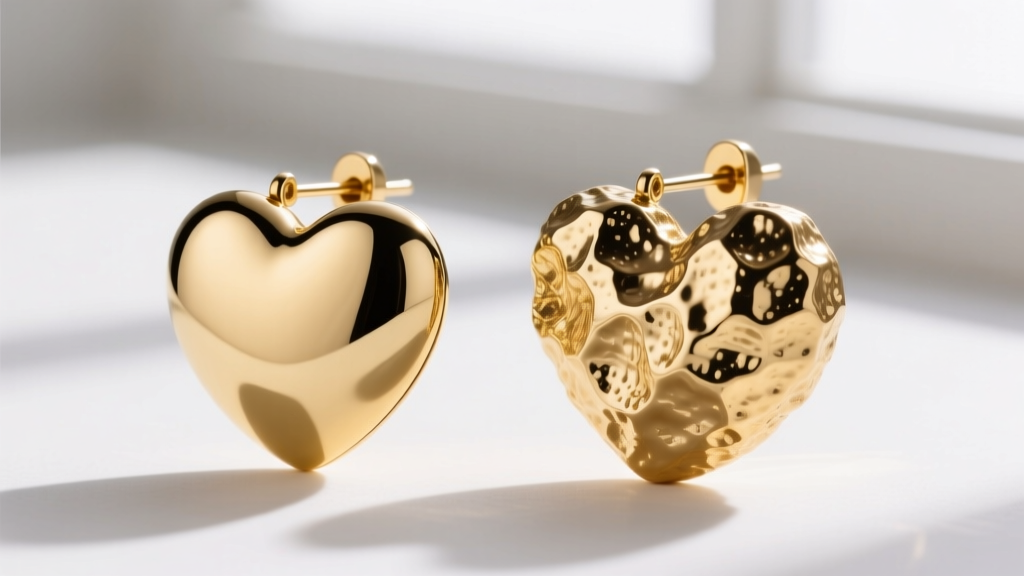 Side view of smooth gold heart earring beside textured gold nugget heart earring, highlighting surface area and light reflection.