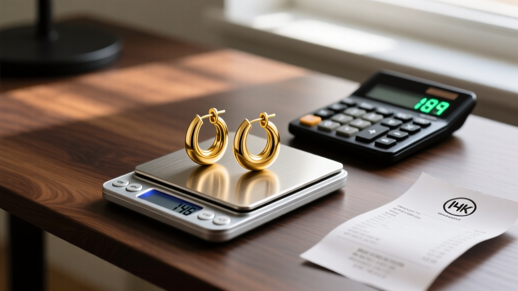 Digital scale weighing solid 14k gold hoop earrings next to a calculator and a retail receipt on a dark oak wood desk