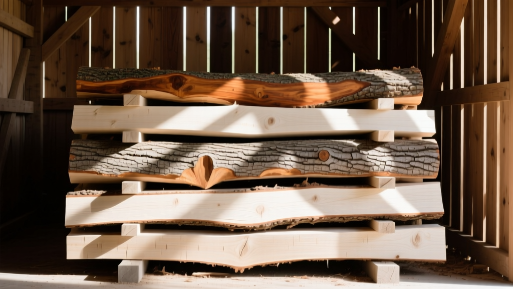 Split logs of dense white oak and hickory stacked neatly in a dry, well-ventilated woodshed with sunlight filtering through the slats