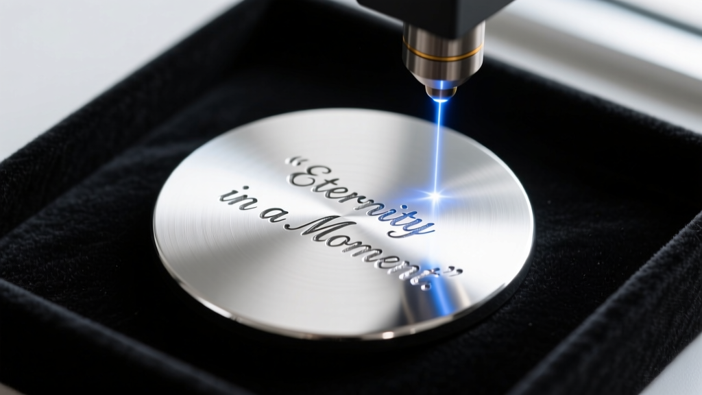 Macro shot of a fiber laser etching a short quote onto a polished sterling silver disc resting on a dark jeweler