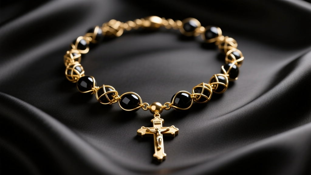 Gold-filled rosary worn as necklace on black silk, highlighting wire-wrapped onyx beads and a small crucifix in soft studio light.