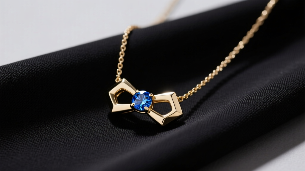 Sleek 14k white gold Gojo necklace with geometric Infinity pendant and lab-grown blue sapphire on black techwear fabric.