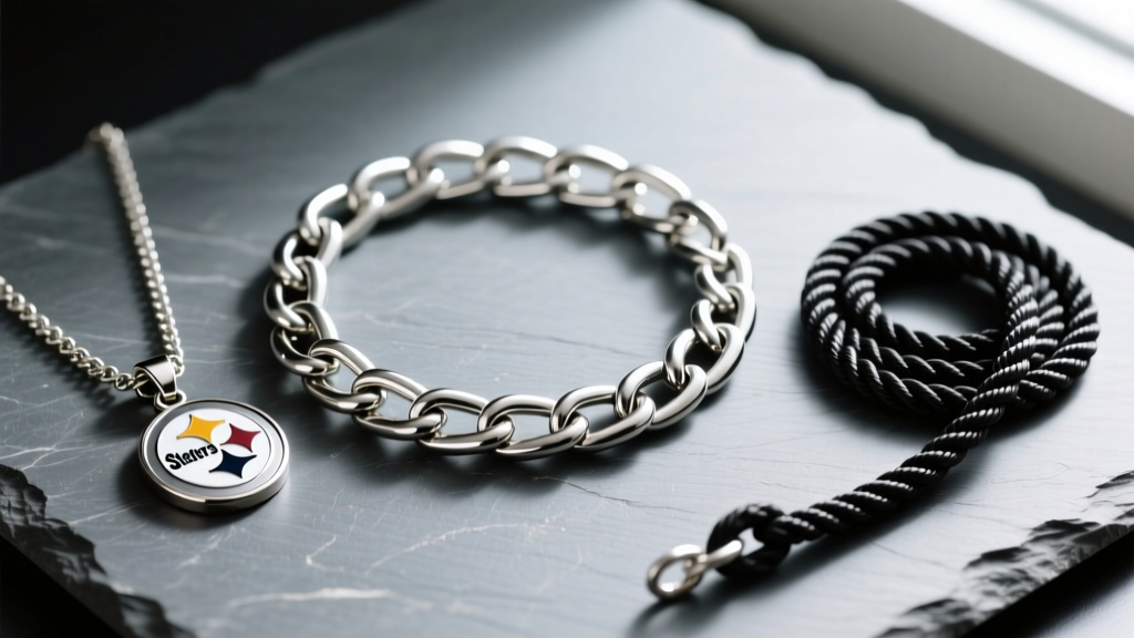Flat lay of three chains including an 18-inch curb chain, a 22-inch Steelers pendant, and a 26-inch black rope chain on slate