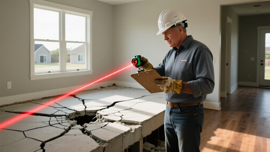 A structural engineer in a hard hat inspecting a cracked concrete slab foundation in a suburban Texas home using a laser level and clipboard