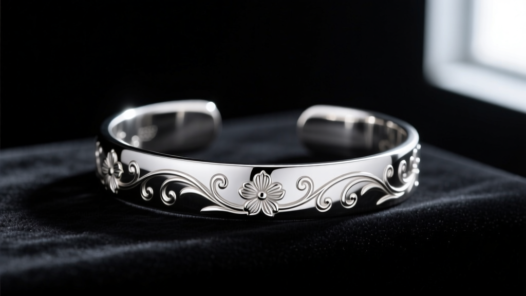 Side view of a polished 925 sterling silver cuff bracelet with floral engraving resting on a dark velvet jeweler's display pad