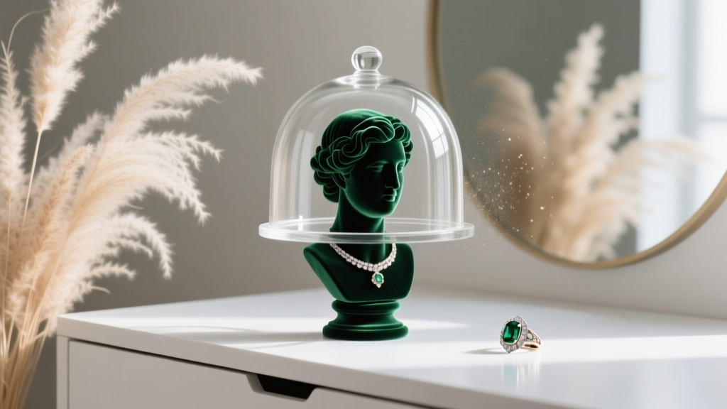 Glass dome jewelry display cloche over a dark emerald velvet ring bust, surrounded by dried pampas grass on a white vanity desk