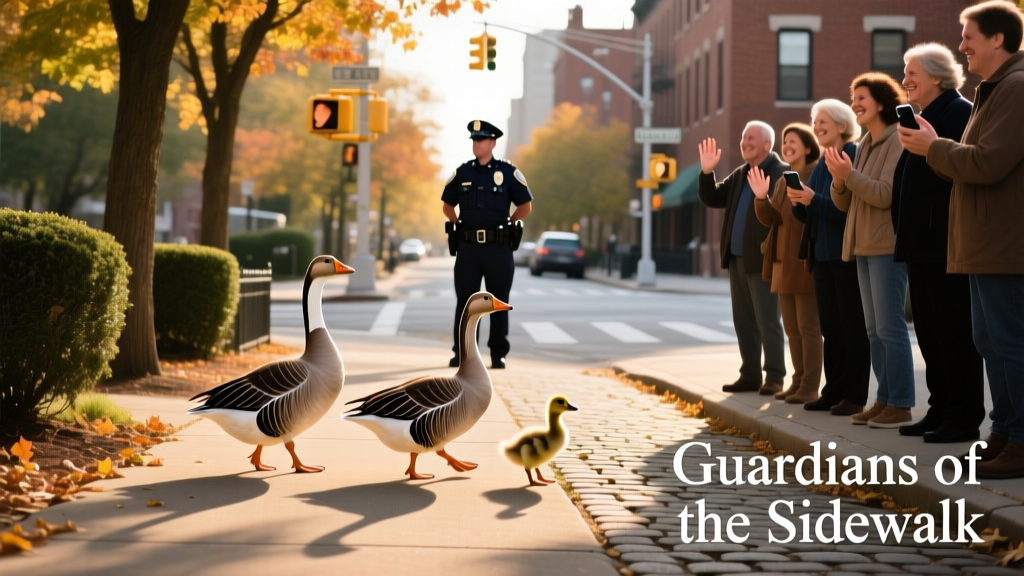 Family of geese walking calmly along a tree-lined city sidewalk, watched by smiling bystanders