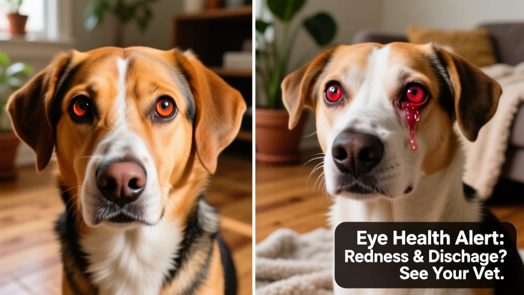 Side-by-side comparison: healthy dog eyes vs. eyes showing redness, discharge, and third eyelid elevation