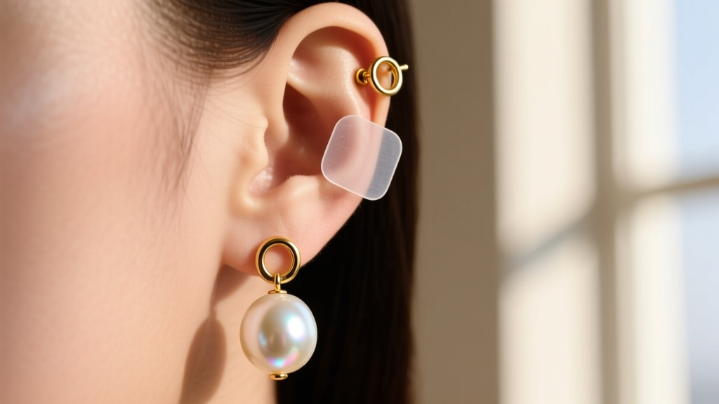 Earlobe wearing a heavy pearl drop supported by a clear silicone patch and a secure 14-gauge gold omega earring back clasp