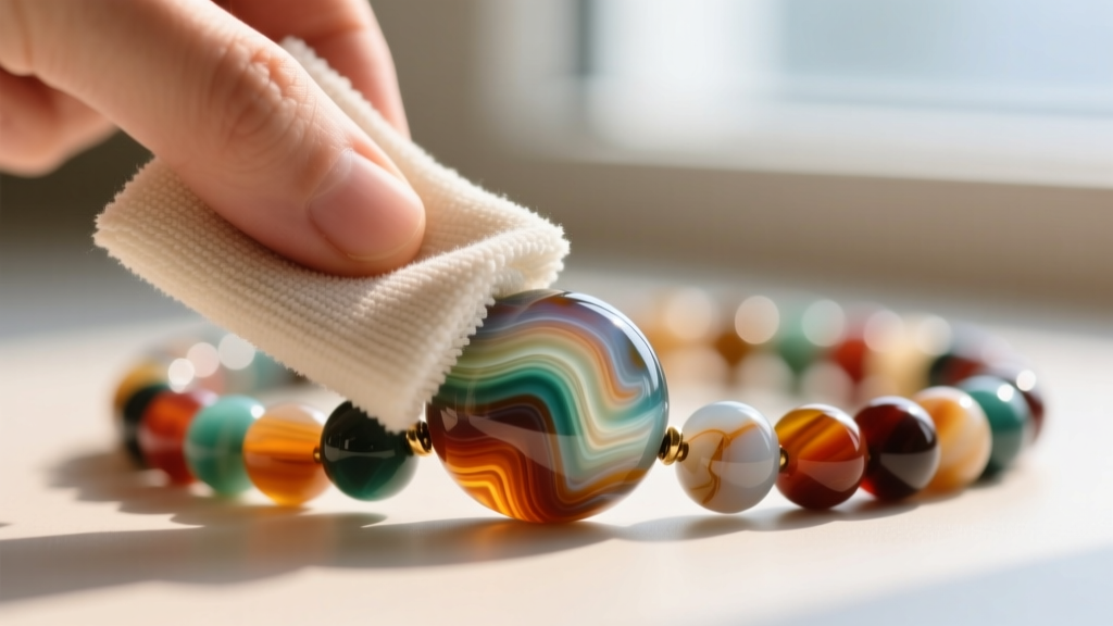 Macro shot of microfiber cloth wiping a dyed agate bead on a multi color beads necklace, highlighting smooth surface bead textures