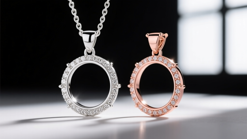 Close-up of a 14k white gold Octavie pendant bezel beside an 18k rose gold version showing metal color and prong differences