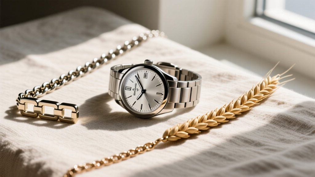 Flat lay showing a hollow Figaro, solid Box chain, and Wheat chain arranged on neutral linen fabric with natural window lighting