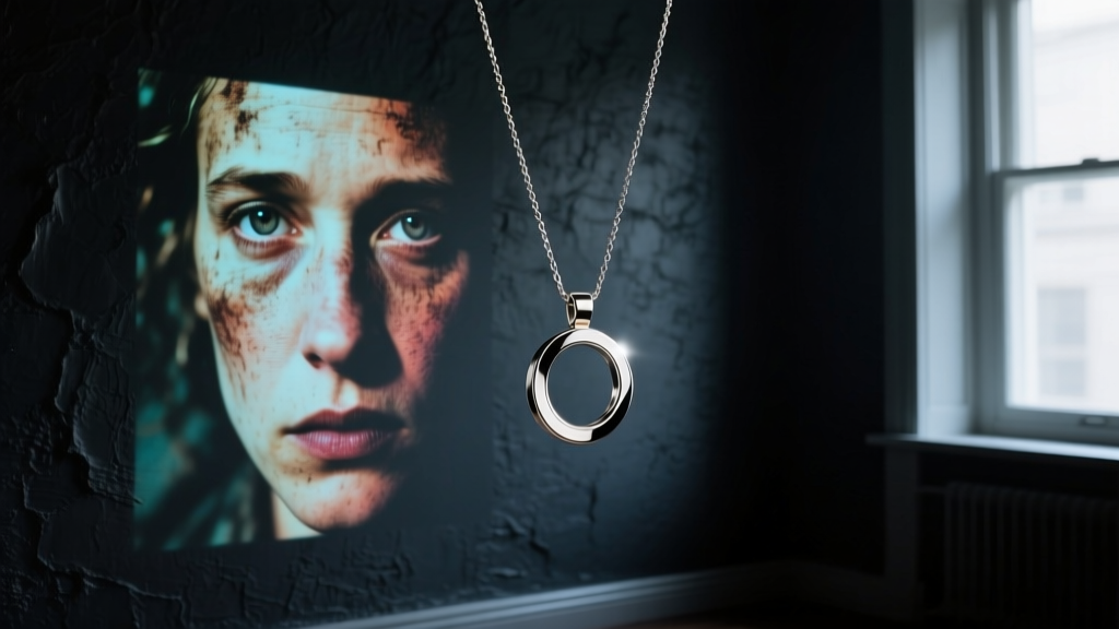 Projection necklace pendant casting a sharp magnified photograph onto a dark textured wall in a dimly lit, moody room environment.