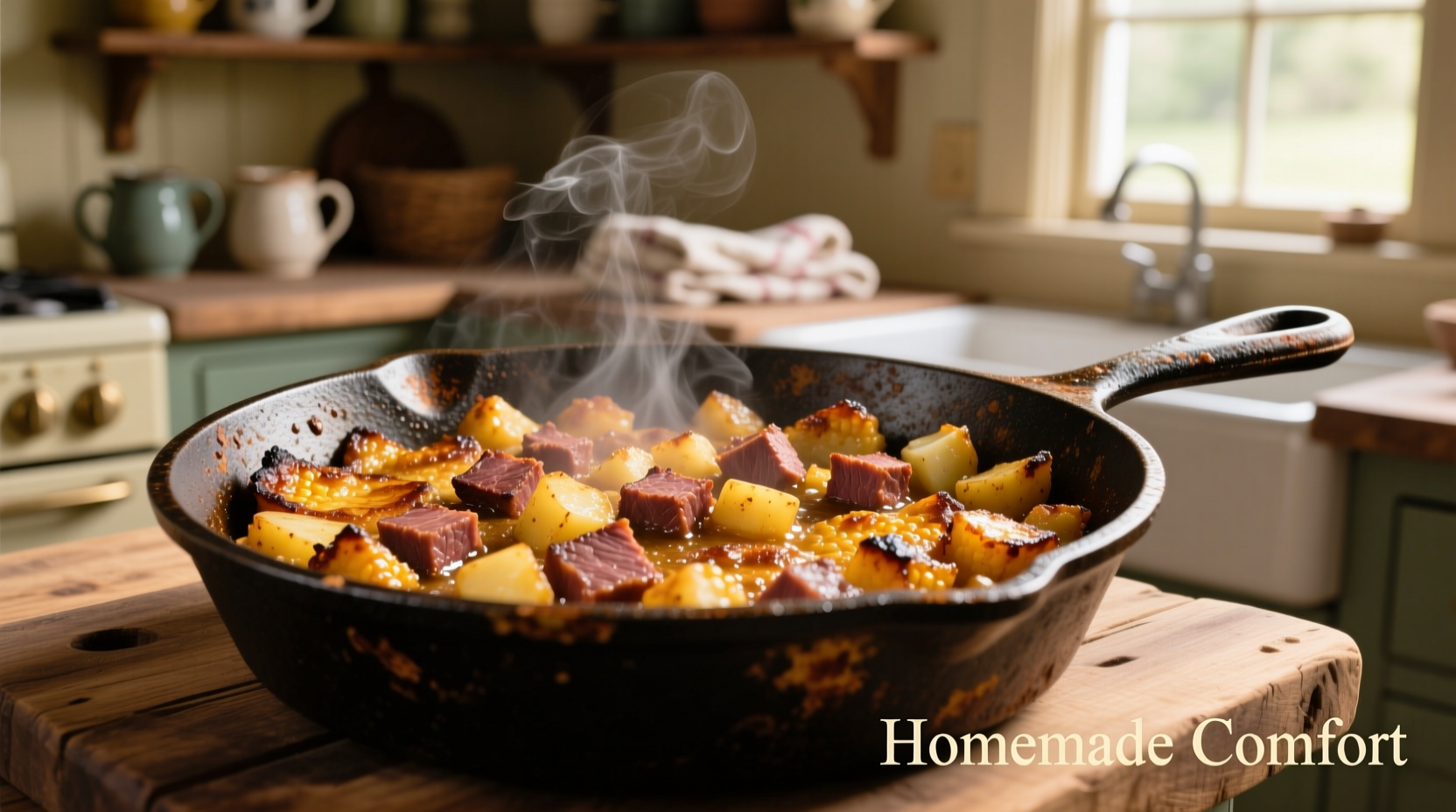 Golden brown corned beef hash in cast iron skillet