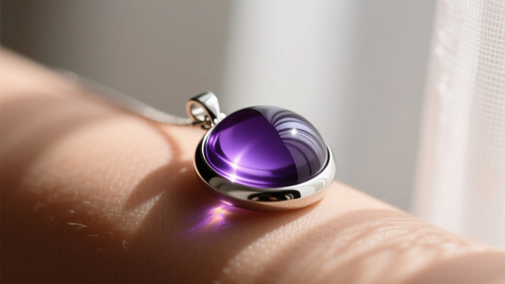 Close-up of a silver mood pendant glowing deep purple on skin, soft lighting highlighting the smooth domed glass cabochon surface.