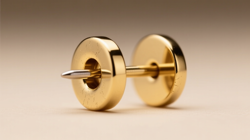 Close-up of a threadless push-pin flat gold earring end sliding into a hollow 14k gold post, showing the smooth joint.