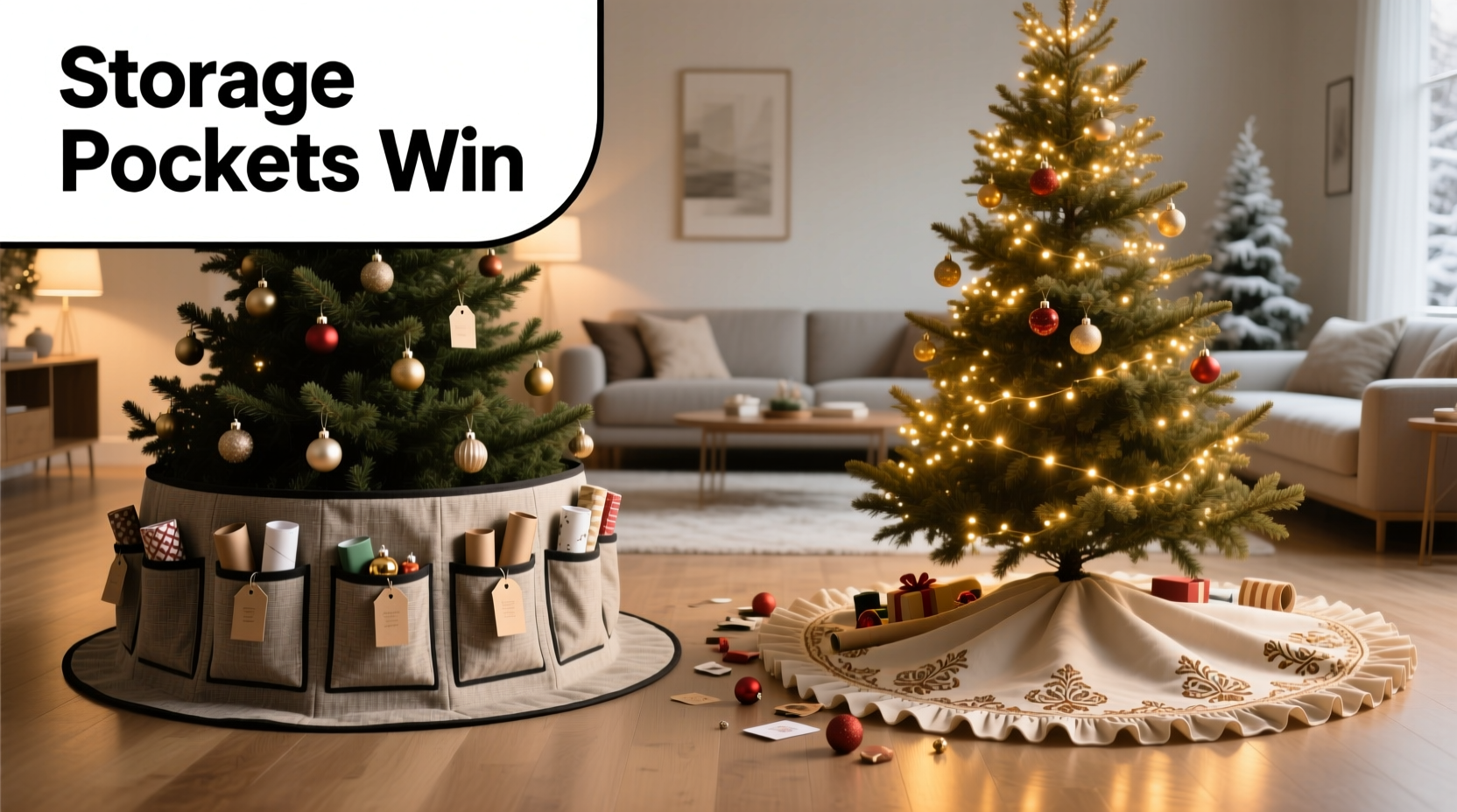 tree skirt with storage pockets vs decorative fabric which solves clutter better