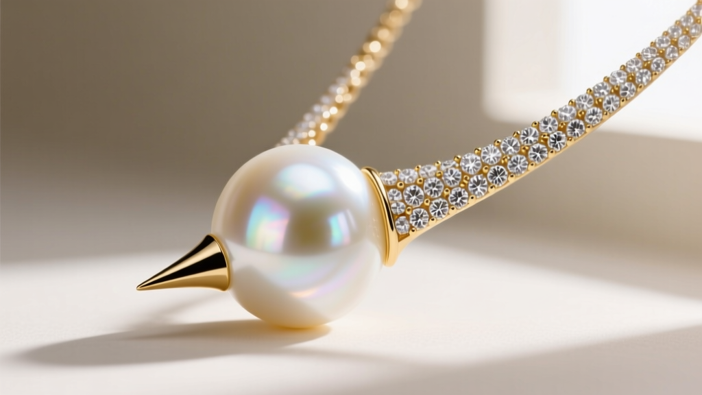 Side profile of a Tasaki Danger necklace showing a diamond-encrusted gold spike piercing through a large white South Sea pearl