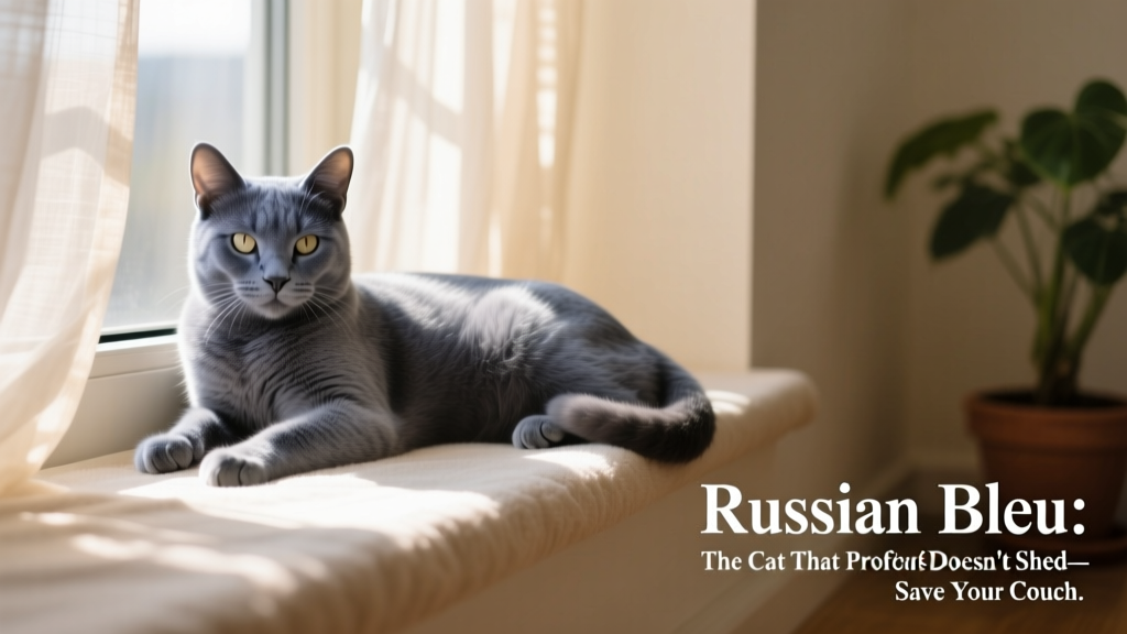 Russian Blue cat resting peacefully on a sunlit windowsill, showcasing its silvery-blue double coat