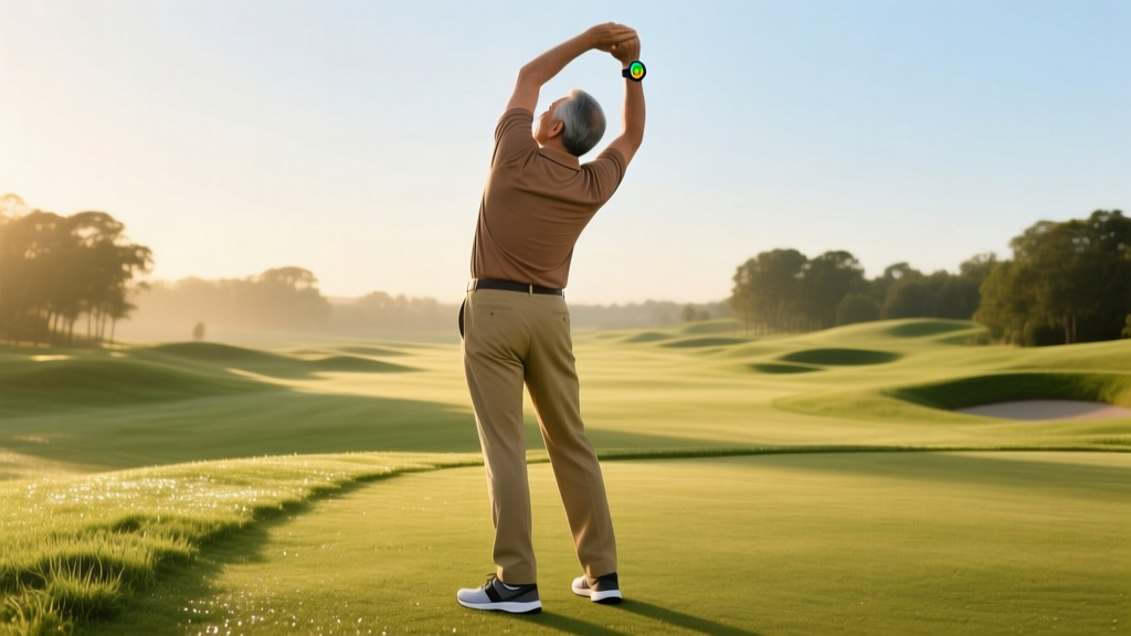 Older male golfer stretching his lower back on a sunny golf course fairway while holding a modern GPS smartwatch
