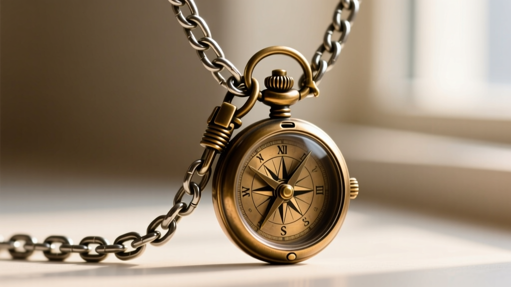 Close-up of a sturdy 1.5mm steel box chain connecting to a heavy bronze compass pendant via a reinforced lobster clasp mechanism.