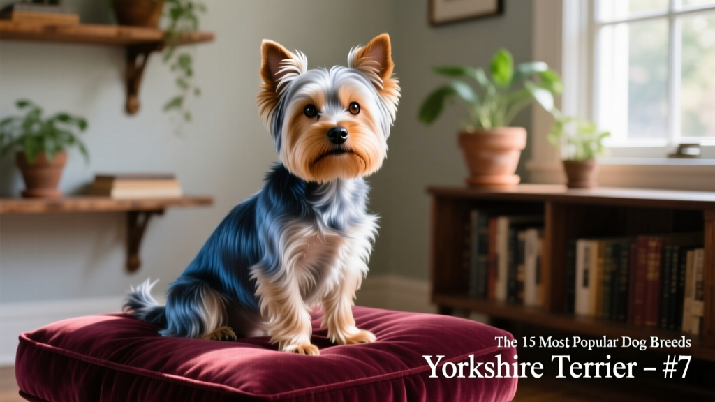 A well-groomed Yorkshire Terrier sitting elegantly on a velvet cushion, showing off its silky coat and bright eyes