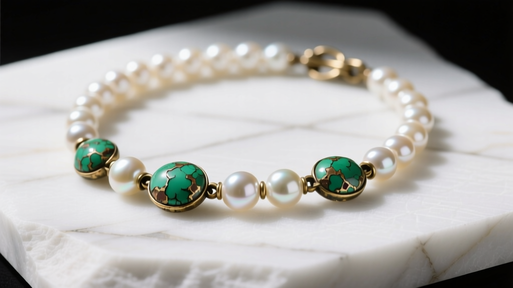 Macro shot of vintage pearl necklace showing peeling coating and green verdigris on brass clasp, resting on white slate background.