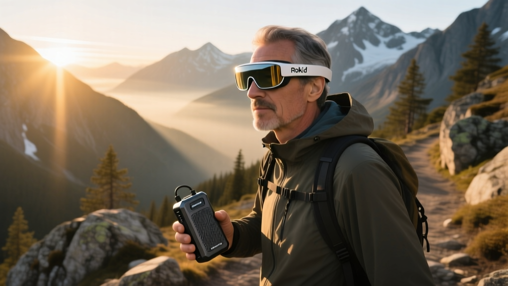 Hiker wearing Rokid AR glasses while navigating a rugged mountain trail at sunrise, holding a ruggedized battery pack.