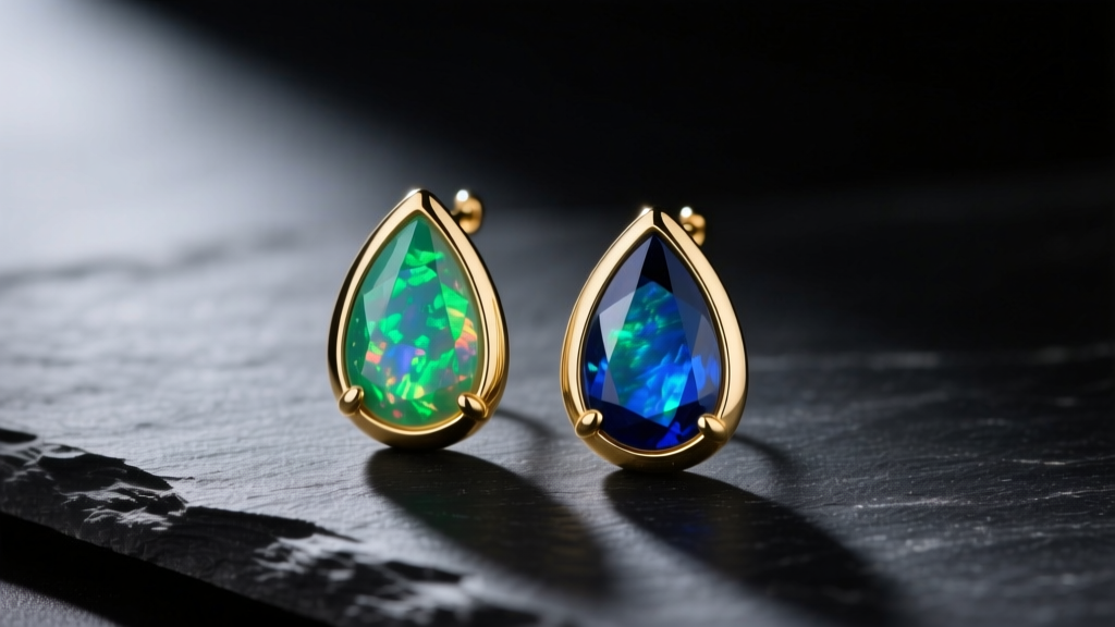 Solid 14k gold opal teardrop earrings on dark slate showing vibrant green and blue play-of-color under soft directional lighting