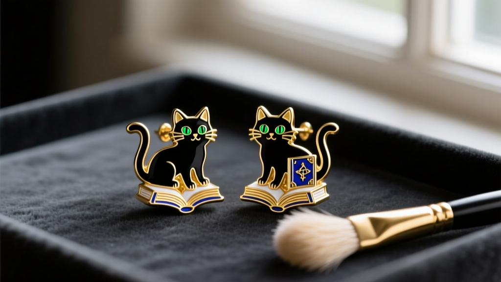 Gold-plated Hocus Pocus enamel earrings featuring black cats and spellbooks on dark velvet beside a soft microfiber jewelry brush.
