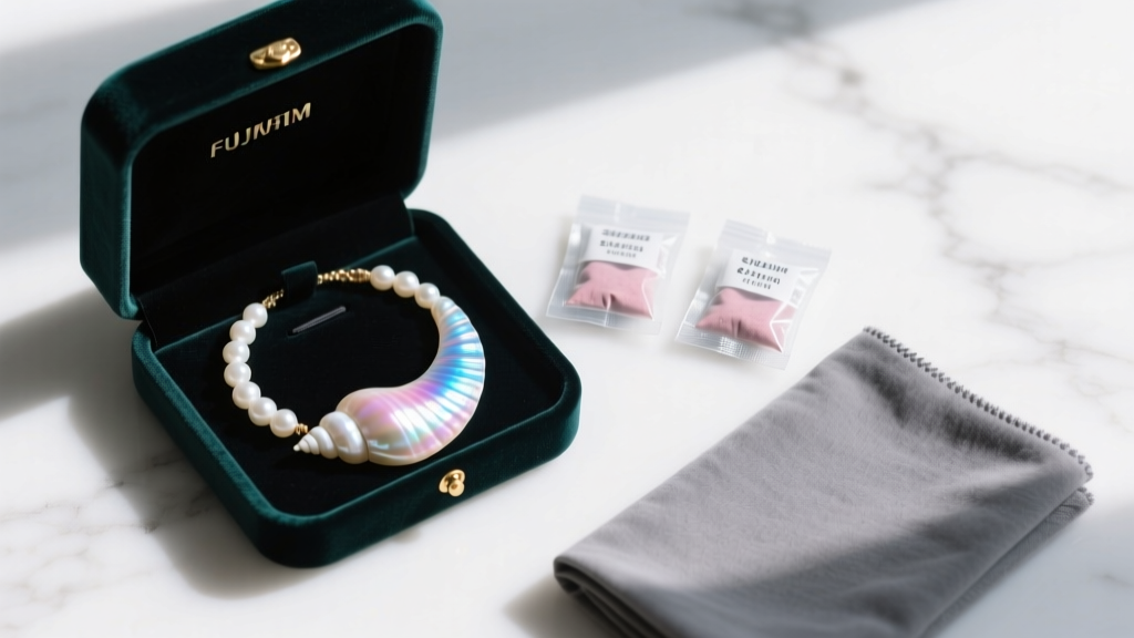 Overhead view of a velvet box holding a coiled real seashell necklace beside silica gel packets and a soft microfiber cloth.