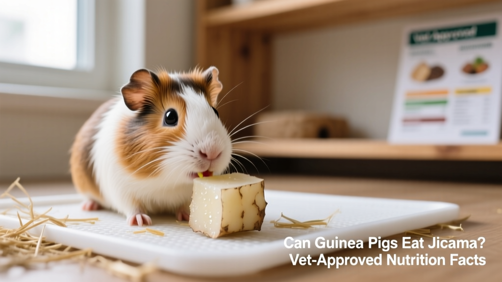 Guinea pig cautiously nibbling a small, peeled jicama cube on a clean feeding mat