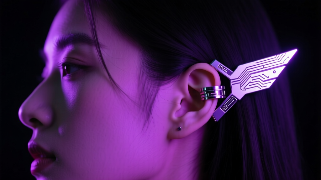 Side profile showing a Disassembly Drone wing ear cuff wrapping around the upper helix cartilage under moody neon purple lighting.