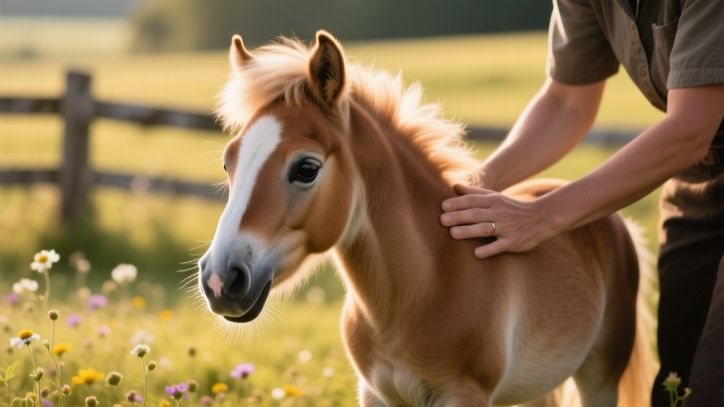 Close-up portrait of a miniature horse with soft eyes and neatly groomed coat, standing beside a caring handler