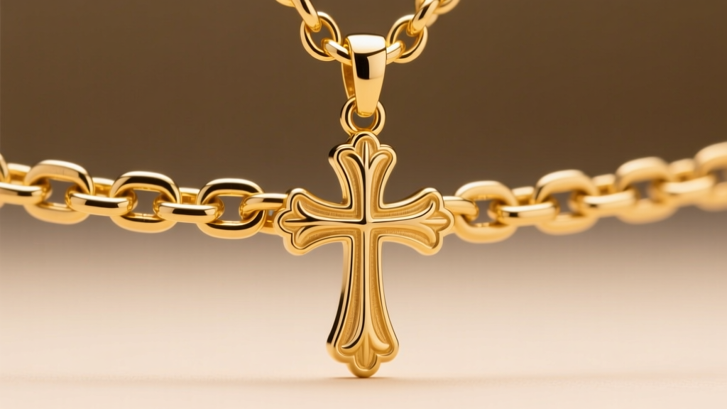 Macro shot of a 4mm 14k gold Cuban link chain passing through a heavy cross pendant bail, sharp focus on interlocking metal links.