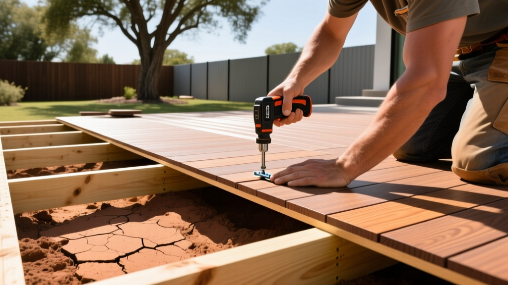 Contractor installing composite decking boards on a pressure-treated pine frame in a sunny Fort Worth Texas backyard with clay soil visible