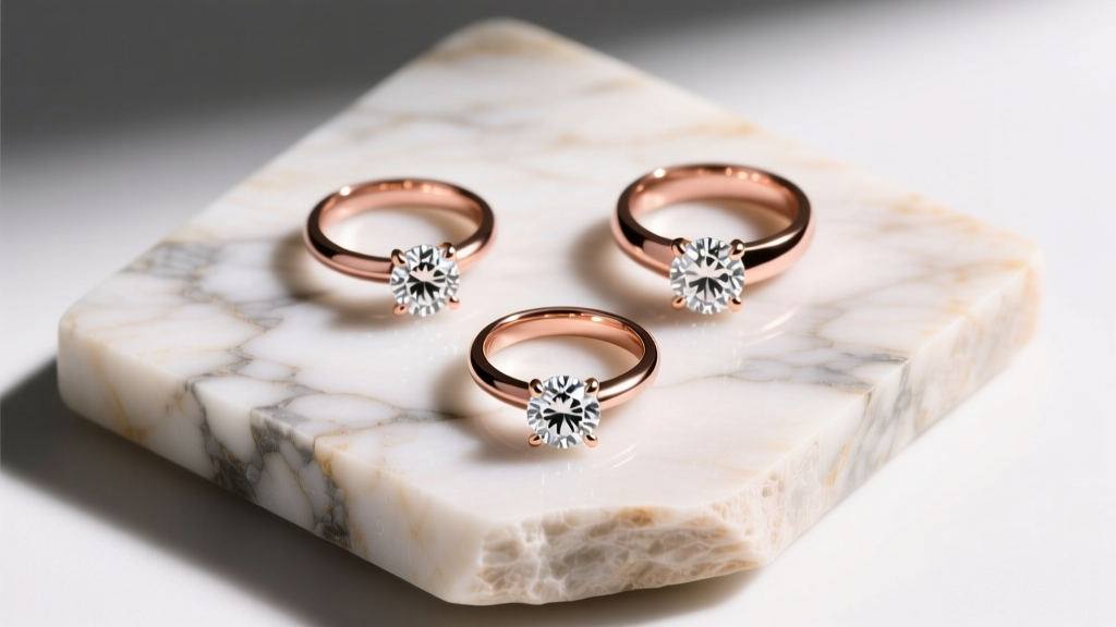 Overhead flat lay of three recycled 18k rose gold tension-set rings with lab-grown diamonds, resting on raw unpolished marble.