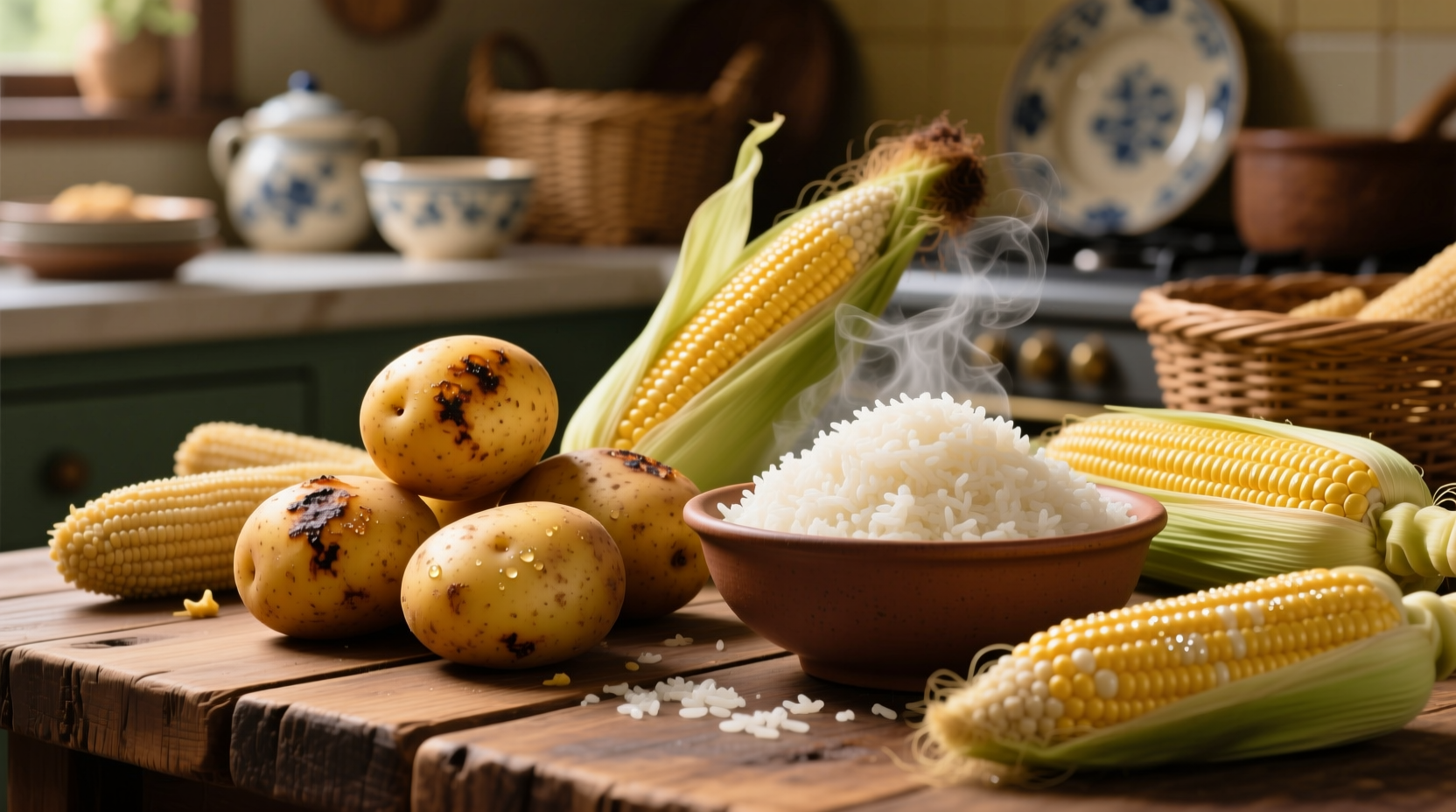 Various starchy foods including potatoes, rice, and corn