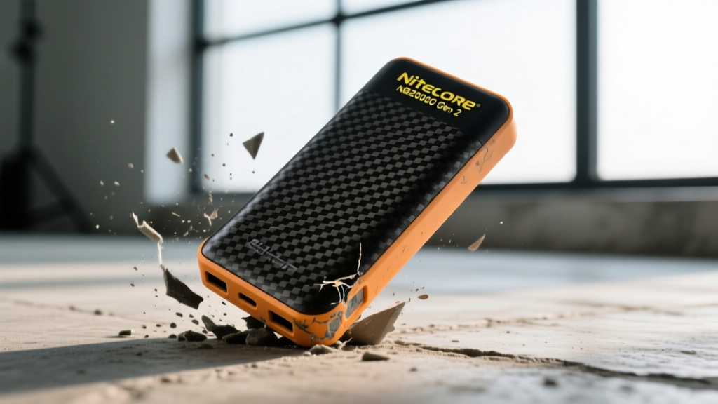 Nitecore NB20000 Gen 2 carbon fiber power bank dropped onto a concrete floor showing scuffed polycarbonate bumper edges but intact unidirectional weave