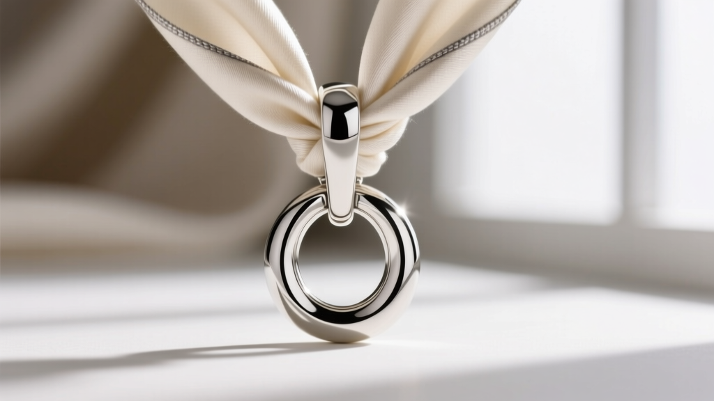 Macro shot of the interior bail of a luxury scarf pendant showing a mirror-polished finish to prevent silk snagging, neutral tone