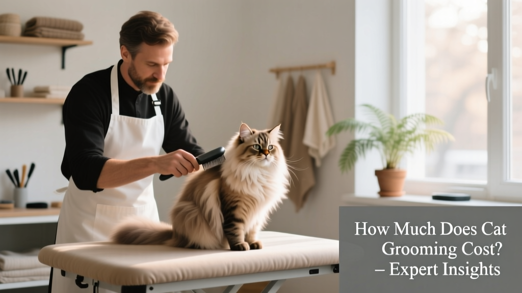 A calm, professional groomer gently brushing a long-haired cat on a padded grooming table